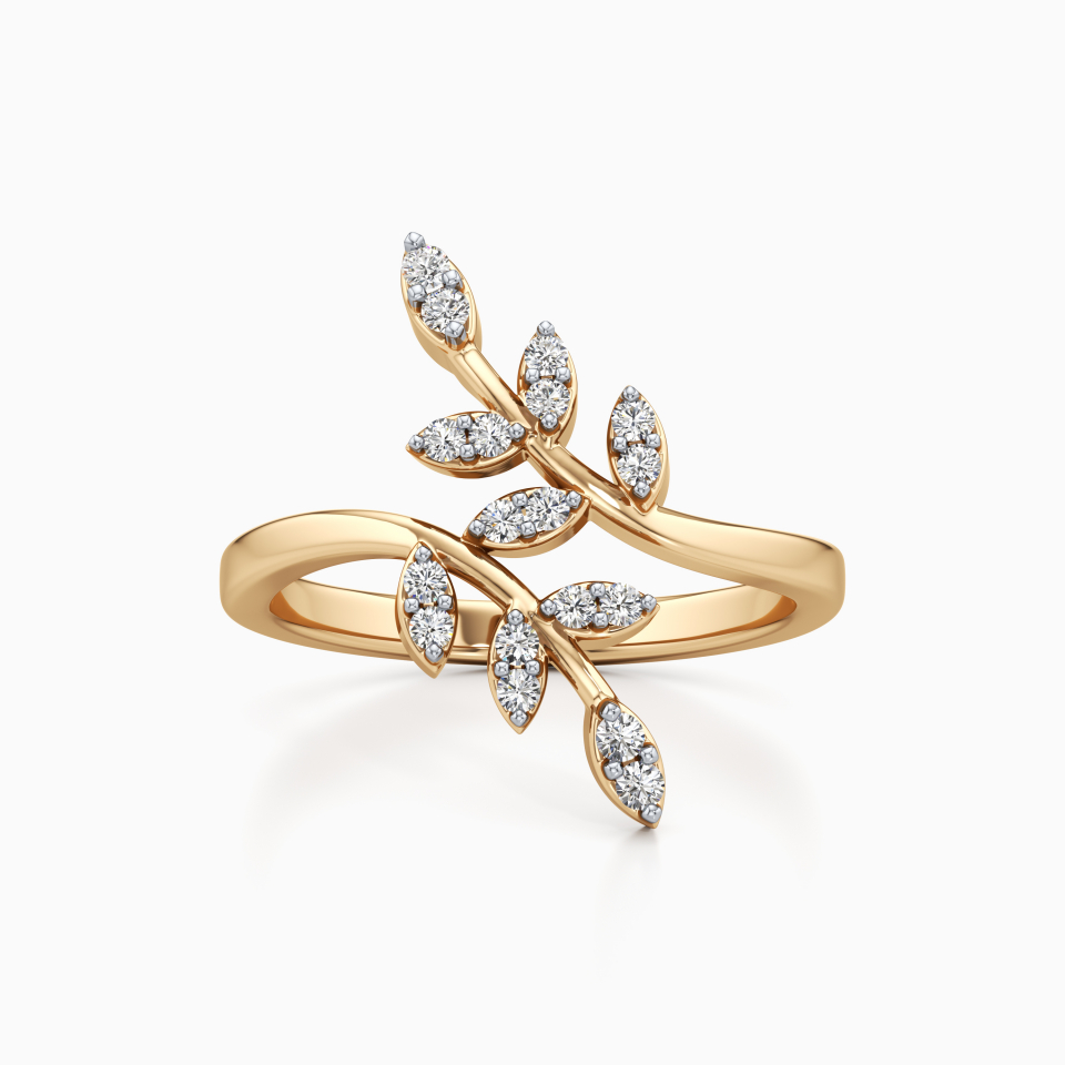 Duo Leaf Pleasing Diamond Ring in Yellow 14k Gold
