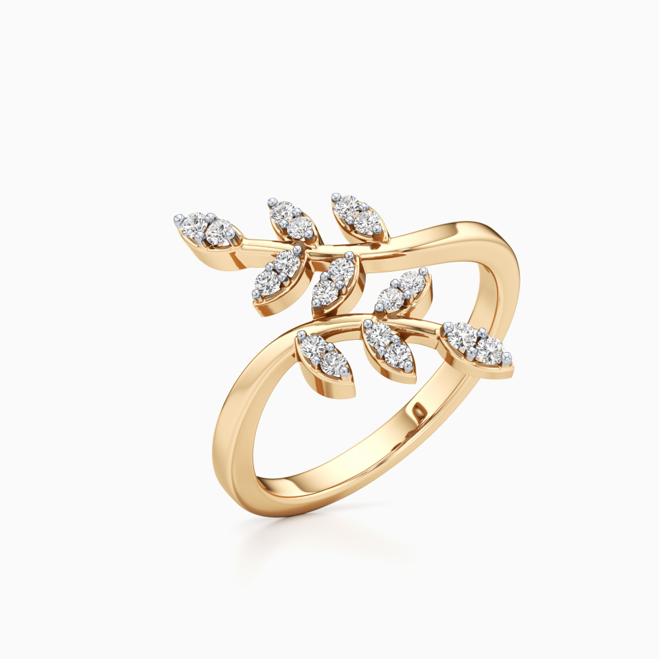 Duo Leaf Pleasing Diamond Ring in Yellow 14k Gold
